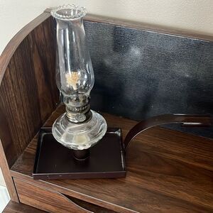 Unique Glass Oil Lamp Matched with a Rectangular Metal Chamber-stick